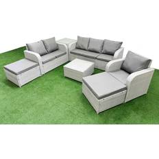 Garden & Outdoor Furniture Fimous Patio PE Wicker 8 Seater Rattan Furniture Sofa Sets with Square Coffee Table Reclining Chair Light Grey Outdoor Lounge Set