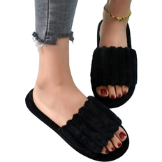Shein Women Black Minimalist Fluffy Bedroom Slippers, Fashionable Open Toe Slippers