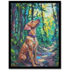 Green Framed Art ARTERY8 Golden Lab Puppy in Forest Oil Painting Dog Lover Print - Green - A4 Framed Art