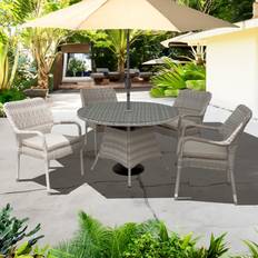 Oseasons Palmera Rattan Stacking 4 Seat in Sandy White with 2.7m LED Parasol and Base Patio Dining Set