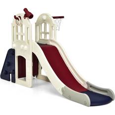 Playset for kids Costway 6-In-1 Large Slide for Kids Toddler Climber Slide Playset with Basketball Hoop-Blue