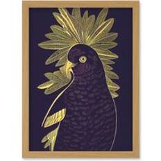 Oak Framed Art ARTERY8 Stylish Dark Deep Purple Yellow Gold Parrot Tropical Plant Illustration Artwork Wall Print A4 Light Oak One Size Framed Art