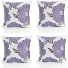 Luxury Living Poppy Chenille Cushions Set of 4 45cm x 45cm Complete Decoration Pillows Purple