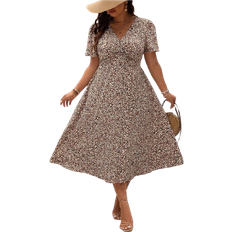 Shein Lehrer Kleidung in Große Größen, V-Ausschnitt Sommerkleid mit All-Over Muster und gedrehten Frontsaum, Kurzarm