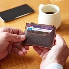 Leather Card Cases Paper High Buffalo Leather Slim Zipped Card Holder - Brown