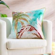 Velvet Complete Decoration Pillows Leilani Tropical Palm Leaf Printed Filled Cushion 55cm x 55cm Complete Decoration Pillows Green, Yellow