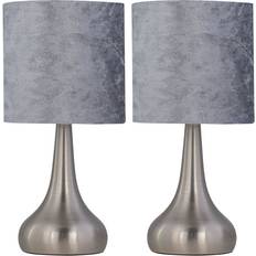 Set of 2 Brushed Chrome Touch Operated Lamps Bedside Lights Grey Crushed Velvet Shade Table Lamp