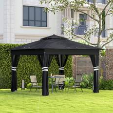 OutSunny 3m x 3m Pop-Up Adjustable Garden Gazebo with Netting and Solar-Powered LED Lights - Black