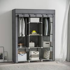 Homcom Grey Wardrobes Homcom Fabric Portable with 8 Shelves 2 Hanging Rails Grey Wardrobe