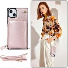 GANGXUN Pink Case for iPhone 15 Plus Leather Pocket Wallet Shockproof