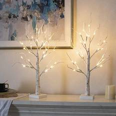 Set of 2 Vanthylit White with Lights 2FT Tabletop Birch Tree with 24 Warm White LEDs Christmas Tree