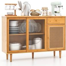 Casart Kitchen Buffet Storage Cabinet Cupboard w/ Tempered Glass Sliding Door Sideboard