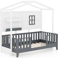 Casart Kids Single Wood House Bed Montessori Floor Bed w/2 Shelves&Guardrails