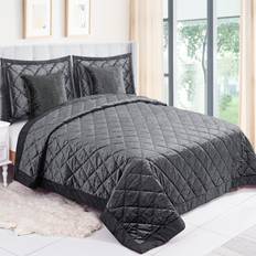 ZIMEL HOMES 5 Pieces Luxury Velvet Quilted Bed Throw Comforter Set with Pillowcase & Cushion Covers Bedspread Grey