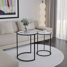 URBN Living Black Legs White Glass 2 Pcs Round Side Tables Set Nesting Table