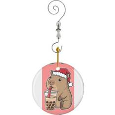Famgem Cuteybara Drinking Bubble Tea Ornaments Ceramic with Crystal Hook Christmas Tree Ornament