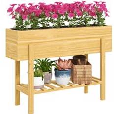 Pots, Plants & Cultivation OutSunny Wooden Raised Bed with Bed Liner Storage Shelf Natural Wood Finish