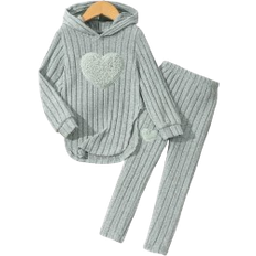 Shein pcsSet Girls Heart Embroidery Striped Hoodie Sweatshirt And Slim Pants Casual Outfit Autumn