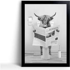 LUDUHU Funny Highland Cow Wall in Bathtub Black and White Framed Art