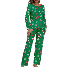 Shein pcsSet Christmas Snowflake Candy Cane Print Long Sleeve Top Pant Sleepwear Set