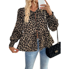 Shein Womens Casual Leopard Print Retro Front Tie Collar Long Sleeve Blouse