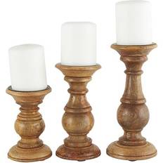 Deco 79 Mango Wood Turned Style Pillar with Distressed F Candle Holder