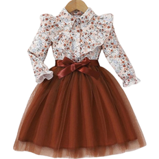 Shein Girls Floral Print Long Sleeve Netted Dress With Woven Belt