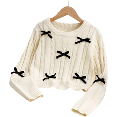 Shein Tween Girls Casual Solid Color Round Neck Long Sleeve Bow Knitted Sweater Autumn Winter