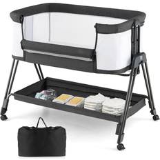 Costway Grey Baby Bedside Crib with Mattress 90 x 60 x 14 cm