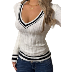 Shein EZwear Women Casual Daily Cable Knit Sweater With Striped Trim V-Neck, Fitted, Autumn/Winter,Long Sleeve Tops