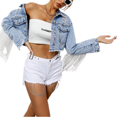 Blue - Viscose Outerwear Shein Fringe Raw Hem Button Front Crop Jacket - Denim