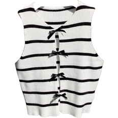 Shein Casual Minimalist Striped Bow Decor Top - Women's