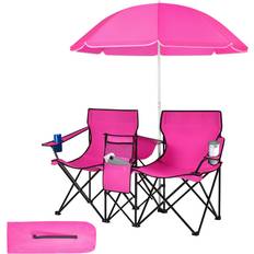 Costway Portable Double Camping Chair with Umbrella and Ice Bag Pink