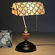 DHSKFUA Tiffany Style Bankers Vintage Målat Glas Skrivbordslampa Med Legering Bas Antik Kristallpärlor Säng Lampa För Vardagsrum Sovrum Kontor Hem Dekoration Beige Progress Bordslampa