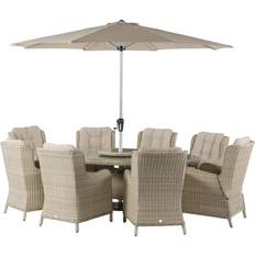 Bramblecrest Chedworth 8-Seater Garden Elliptical Table & Chairs with Lazy Susan & Parasol Sandstone Patio Dining Set
