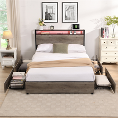 Aukfa Metal Queen Size Bed Frame with USB Ports 16 Colors LED Lights 4 Storage Drawers Antique Gray