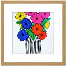 Oak Framed Art ARTERY8 Colourful Daisy Flower Bouquet In Vase Blue Pink Yellow Painting Square Wooden Wall Print 8 x 8 Inch Framed Art