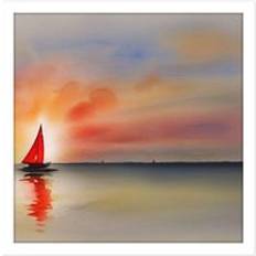 Red Framed Art ARTERY8 Wall Print Into The Sunset Watercolour Sailing Red Sail Boat On Calm Sea Square 16 x 16 Inch Framed Art