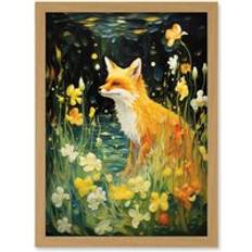 Interior Details ARTERY8 Wall Print Fox Dream Floral Yellow Oil Painting Orange White Dreamscape of Lily Flowers in Spring Artwork A4 - Light Oak Framed Art