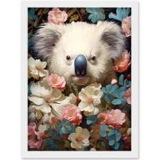 Interior Details ARTERY8 Elegant White Koala Bear Nestled in White Blue and Pink Blooming Flowers Floral Oil Painting Artwork A4 Framed Art