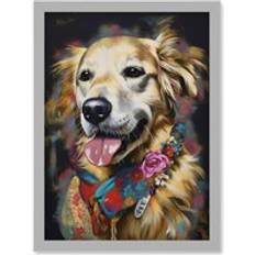 Interior Details ARTERY8 Golden Retriever Dog Floral Bandana Collar Artwork Wall Print A4 - Light Grey - One Size Framed Art