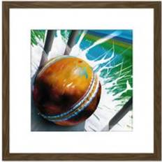 Interior Details ARTERY8 Cricket Ball Hits Wickets Spin Bowler Dynamic Sports Splatter Painting Square Wooden Wall Print 8 x 8 Inch - Brown Framed Art