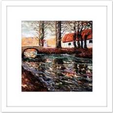 Interior Details ARTERY8 Lawson River Landscape Bridge House Painting 8 x 8 Inch Square Wooden Wall Print Picture with Mount Framed Art
