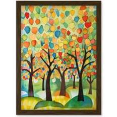 Interior Details ARTERY8 Apple Tree Orchard Abstract Folk Landscape Watercolour Painting Artwork Wall Art Print A4 - Brown Framed Art
