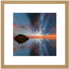 Interior Details ARTERY8 Blue Orange Island Sunset Landscape Photo 8 x 8 Inch Square Wooden Wall Print Picture with Mount Framed Art