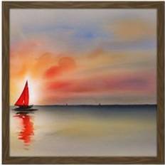 Red Framed Art ARTERY8 Into The Sunset Watercolour Sailing Red Sail Boat On Calm Sea Square 16 x 16 Inch Framed Art