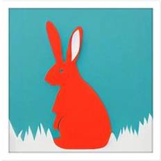 Red Framed Art ARTERY8 Wall Print Simple Coral Red Bunny Rabbit On Teal Square 16 x 16 Inch Framed Art
