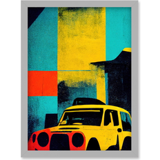 Yellow Framed Art ARTERY8 Inspired Modern Abstract Car Taxi Yellow Orange Teal Black Artwork Wall Print A4 - Grey Framed Art