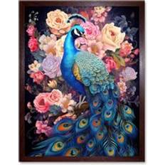 Blue Framed Art ARTERY8 Elegant Peacock Bird with Rose Flower Blooms W12 inch x H16 inch Framed Art
