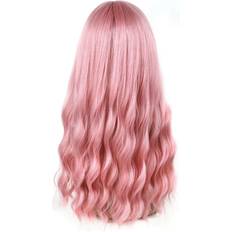 Tlily Pink Long Wavy Wig with Air Bangs